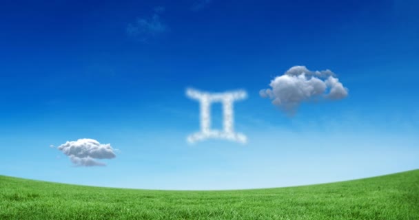 牧草地の上に青い空に白い雲と形成されたジェミニ星星座のアニメーション 占星術と星座の概念デジタルで生成されたビデオ — ストック動画