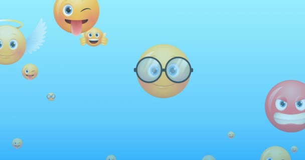 Animation Mehrerer Emoji Symbole Die Auf Blauem Hintergrund Hochfliegen Regie — Stockvideo