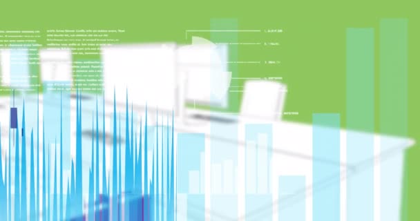 Animering Databehandling Och Statistik Som Registreras Över Datorer Tomma Kontor — Stockvideo