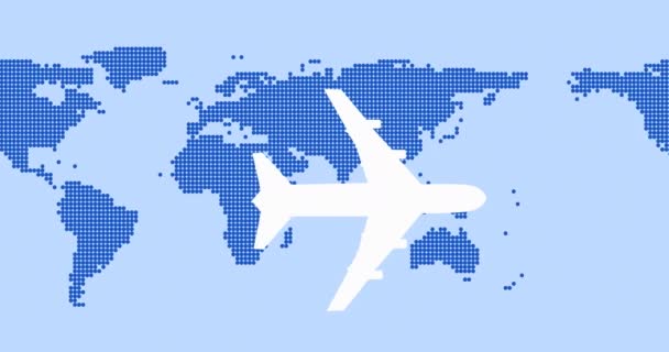 Animatie Van Een Wit Vliegtuig Dat Een Blauwe Wereldkaart Vliegt — Stockvideo