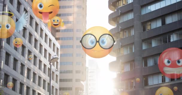Animation Emoji Icons Flying Modern Office Buildings Global Social Media — Stock Video