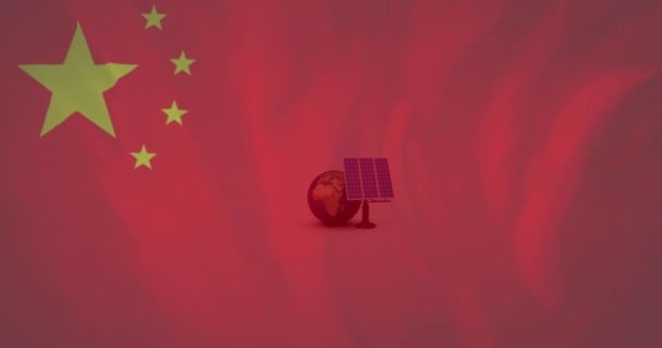 Animação Bandeira Chinesa Acenando Sobre Painéis Solares Globo Ambiente Global — Vídeo de Stock
