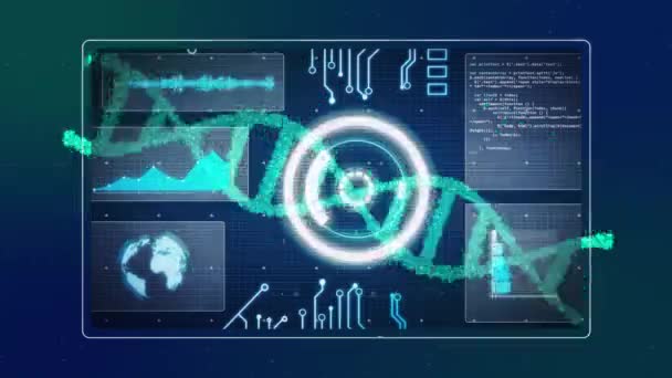 画面上のDna鎖の回転 スコープスキャンや科学的なデータ処理のアニメーション 世界的なつながり科学技術デジタルインターフェースの概念デジタルで生成されたビデオ — ストック動画