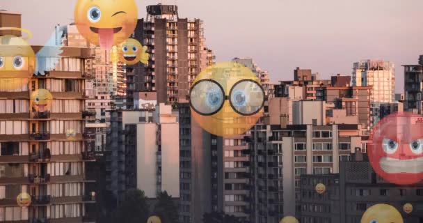 Animation Emoji Icons Flying Cityscape Global Social Media Networking Online — Stock Video