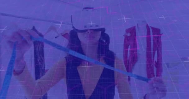 Light Trails Grid Network Female Fashion Designer Wearing Headset Studio — Stock Video