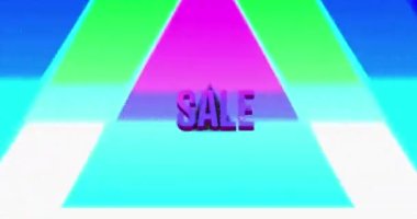 Sıkıntılı gri arka planda neon üçgen üzerinde retro satışı mor metin animasyonu. Vintage perakende, tasarruf ve alışveriş konsepti dijital olarak oluşturulmuş video.