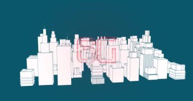 Mavi arkaplanda dönen 6G metin üzerinde 3D şehir manzarası modeli animasyonu. küresel ağ, iletişim, bağlantı ve teknoloji konsepti dijital olarak oluşturulmuş video.