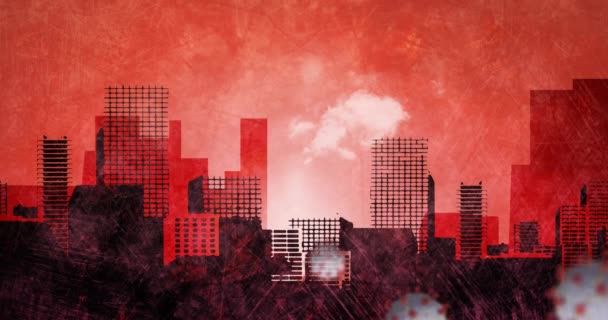 Анимация Коварных Клеток Плавающих Над Городом Красном Фоне Глобальный Коронавирусный — стоковое видео