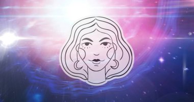 Siyah ve beyaz başak burcunun resmedilmiş hali pembe ve mor arkaplandaki yıldızların üzerinde. Astroloji ve yıldız işareti konsepti dijital olarak oluşturulmuş görüntü.