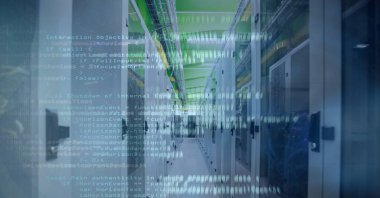 Bilgisayar sunucuları üzerinde veri işleme bileşimi. küresel bağlantı, sanal gerçeklik ve teknoloji konsepti dijital olarak oluşturulmuş görüntü.