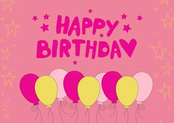 Happy Birthday Text Colorful Balloons Stars Pink Background Birthday Template — Stock Photo, Image