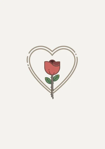 心形上的玫瑰花朵图标 与白色背景相映成趣 情人节爱情模板背景设计理念 — 图库照片