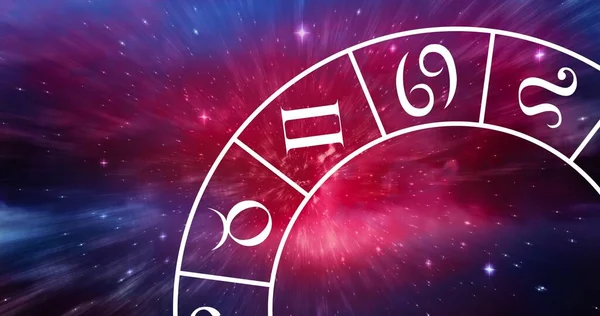 황도대의 별자리 바퀴가 핑크와 보라색 배경의 점성술 별자리의 개념은 디지털로 — 스톡 사진