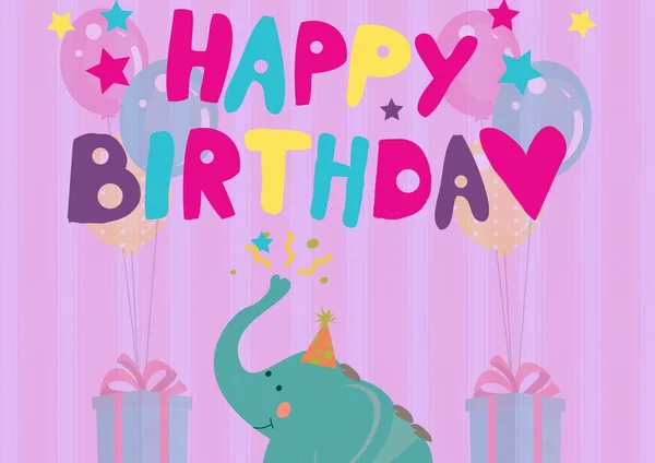 Happy Birthday Text Elephant Wearing Party Hats Gift Boxes Tied — Stock Photo, Image