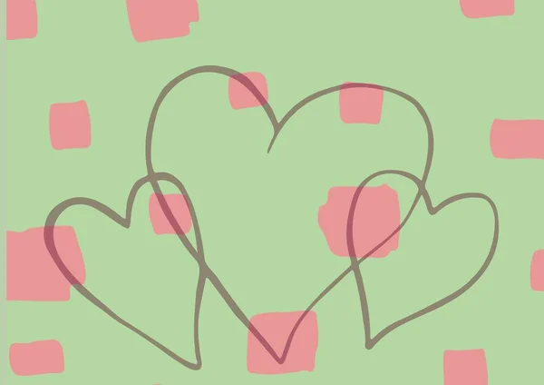 Цифровое Изображение Трех Форм Сердца Розовых Квадратах Зеленом Фоне Валентинка — стоковое фото