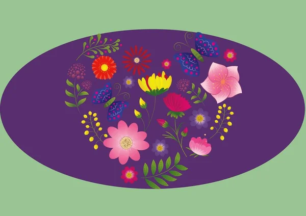Yeşil Arka Plana Karşı Renkli Çiçek Tasarımlarının Dijital Olarak Oluşturulmuş — Stok fotoğraf
