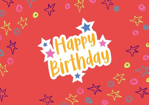Happy Birthday Text Multiple Colorful Stars Red Background Birthday Template — Stock Photo, Image
