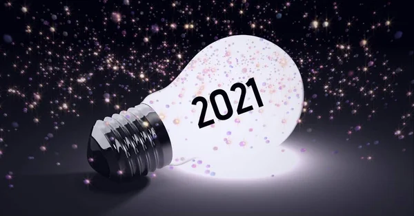 Composition 2021 Written Lit Light Bulb Multiple Spots Black Background — Stock Photo, Image