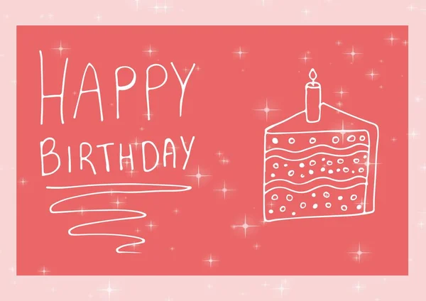 Happy Birthday Text Burning Candle Cake Shining Stars Orange Background — Stock Photo, Image