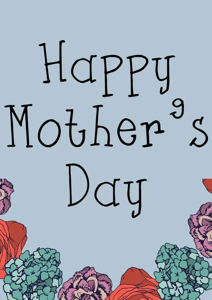 Digitales Bild Glücklicher Muttertagstexte Vor Dekorativen Blumen Auf Blauem Hintergrund — Stockfoto