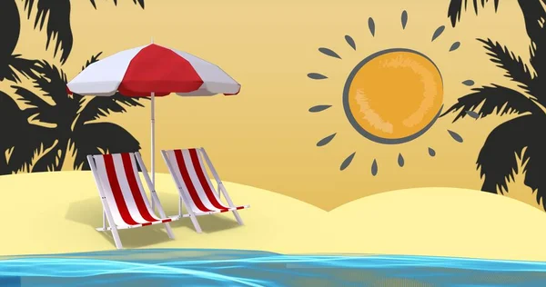 Sahilde Arka Planda Güneş Parlayan Iki Kırmızı Beyaz Iskemle Şemsiye — Stok fotoğraf