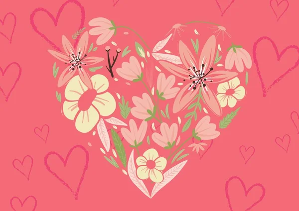 Digitally Generated Image Multiple Flowers Forming Heart Shape Red Background — Stock Photo, Image