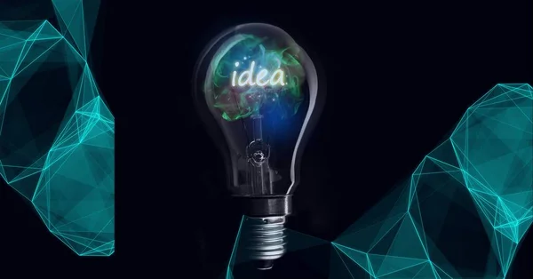 Zusammensetzung Des Ideentextes Glühbirne Und Grünen Verbindungsnetzen Auf Schwarzem Hintergrund — Stockfoto