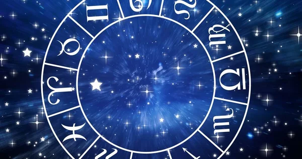 Sammansättning Vit Zodiac Stjärna Skylt Hjul Över Stjärnor Blå Bakgrund — Stockfoto
