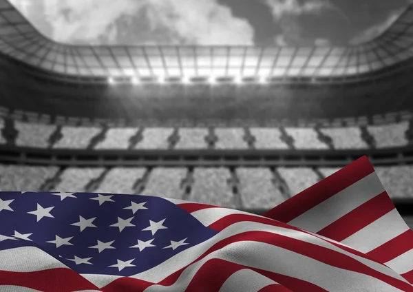 アメリカの国旗が背景にスポーツ競技場に手を振っている様子をデジタル合成 愛国心とスポーツの概念 — ストック写真