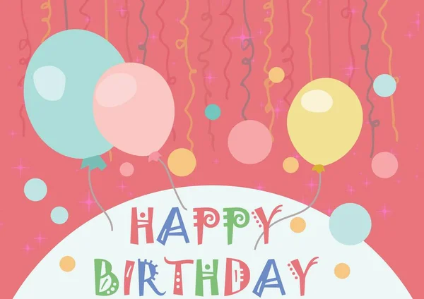Texto Aniversário Feliz Sobre Balões Coloridos Fitas Decorações Contra Fundo — Fotografia de Stock