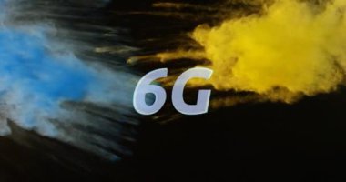 Arka plana atılmış renkli tozun üzerine beyazlı 6G metnin animasyonu. küresel ağ, iletişim, bağlantı ve teknoloji konsepti dijital olarak oluşturulmuş video.