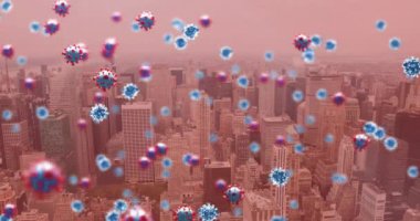 Kırmızı zemin üzerinde yüzen kovid 19 hücrenin animasyonu. küresel koronavirüs covid 19 salgın konsepti dijital olarak oluşturulmuş video.