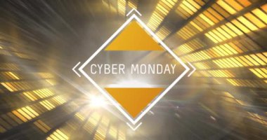 Beyaz çerçeveli siber pazartesi metninin sarı ışık arka planlı parlak tünelin üzerindeki animasyonu. perakende, tasarruf ve çevrimiçi alışveriş konsepti dijital olarak oluşturulmuş video.