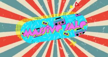 Geometrik şekilli ve dönen çizgili mavi pankartta retro devasa satış metninin animasyonu. Vintage perakende, tasarruf ve alışveriş konsepti dijital olarak oluşturulmuş video.