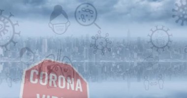 Dur işareti ve şehir manzarasında Corona virüsünün üzerinde yüzen Copera 19 simgesinin animasyonu. küresel koronavirüs covid 19 salgın konsepti dijital olarak oluşturulmuş video.