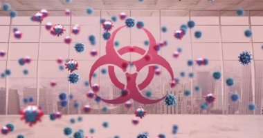 Biyolojik tehlike işareti ve kentin pembe zemininde yüzen 19 hücrenin animasyonu. küresel koronavirüs covid 19 salgın konsepti dijital olarak oluşturulmuş video.