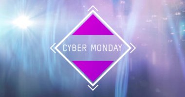 Arka plandaki mavi ışık yolları üzerinde beyaz çerçeveli retro siber pazartesi metninin animasyonu. Vintage perakende, tasarruf ve alışveriş konsepti dijital olarak oluşturulmuş video.