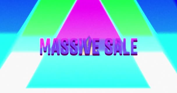 カラフルな光のスポットにネオン三角形の上にレトロな大規模な販売紫色のテキストのアニメーション ヴィンテージ小売 ショッピングのコンセプトデジタル生成ビデオ — ストック動画