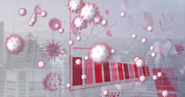 Animação Células Vívidas Flutuando Sobre Processamento Estatísticas Paisagem Urbana Coronavírus — Vídeo de Stock