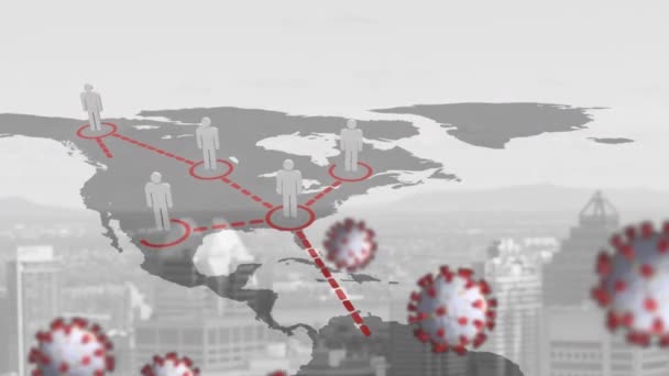 Animación Covid Celdas Flotando Sobre Mapa Del Mundo Con Red — Vídeo de stock