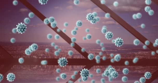 Animation Covid Cells Floating Cityscape Seen Window Background Global Coronavirus — Stock Video