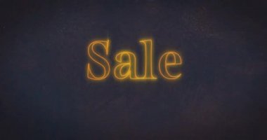 İndirimli, titreyen arka planda parlayan sarı neonlu satılık metnin animasyonu. Vintage perakende, tasarruf ve alışveriş konsepti dijital olarak oluşturulmuş video.