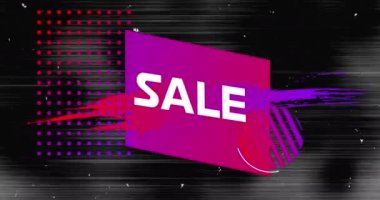 Satış metninin beyazdan pembeye, mor renge, gri titreşimli arka planda sıçraması. perakende, tasarruf ve alışveriş konsepti dijital olarak oluşturulmuş video.