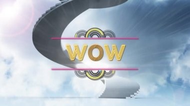 Titreyen neon dekorasyonlu, sarmal merdivenli ve gökyüzlü sarı harflerle Vay be metninin animasyonu. Video oyunu ekran ve eğlence konsepti dijital olarak oluşturuldu.