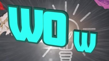 Ampulün üzerinde mavi harflerle Vay canına metninin animasyonu ve parlak lekeli kağıt. ortam ve geri dönüşüm konsepti dijital olarak oluşturulmuş video.