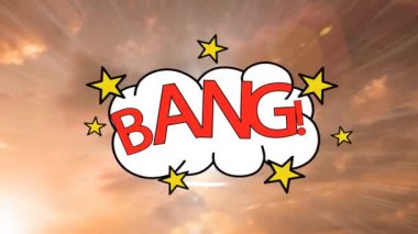 Konuşma baloncuğunda patlama metninin animasyonu. Gökyüzündeki turuncu bulutlarda yıldızlar. Vintage bağlantı ve dijital olarak oluşturulan iletişim konsepti.