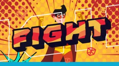 Konuşma baloncukları ve sarı arka planda erkek süper kahraman hakkındaki soyut metne karşı savaş metni. pop karikatür ve video oyunu konsepti