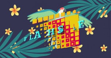 Sarı kareler, egzotik kuşlar ve mavi arka plandaki bitkiler üzerine ani satış metinlerinin canlandırması. Vintage perakende, tasarruf ve alışveriş konsepti dijital olarak oluşturulmuş video.