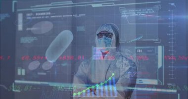 Koruyucu giysiler içindeki sağlık çalışanlarına karşı kan damarları ve veri işleme sistemiyle dijital arayüz. covid-19 tıbbi araştırma ve teknoloji konsepti