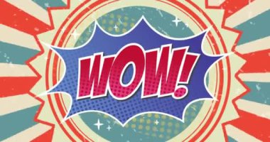 Arka planda konuşma baloncuğu ve dönen çizgiler üzerine retro wow metnin animasyonu. Klasik video oyunu ekran ve eğlence konsepti dijital olarak oluşturuldu.